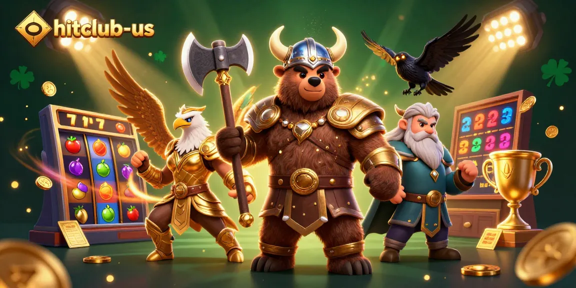 Spin and win at hitclub-us, featuring a Viking bear and Valkyrie eagle amidst vibrant slot machine elements.
