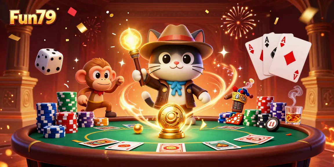 Engaging scene with Fun79's mascot cat and monkey at a vibrant casino archeological site.