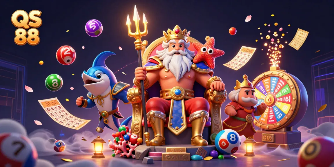 Experience thrilling gaming with QS 88 as sea king Neptune and friends celebrate vibrant lottery prizes.