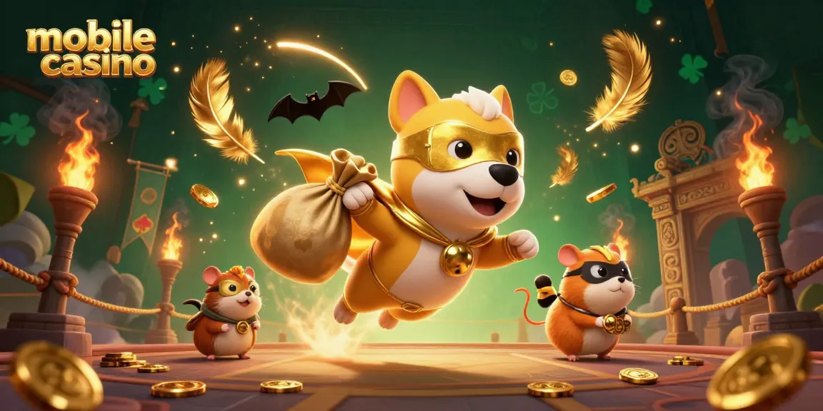 Experience the excitement of a mobile casino with our superhero and hamster duo collecting fortunes!