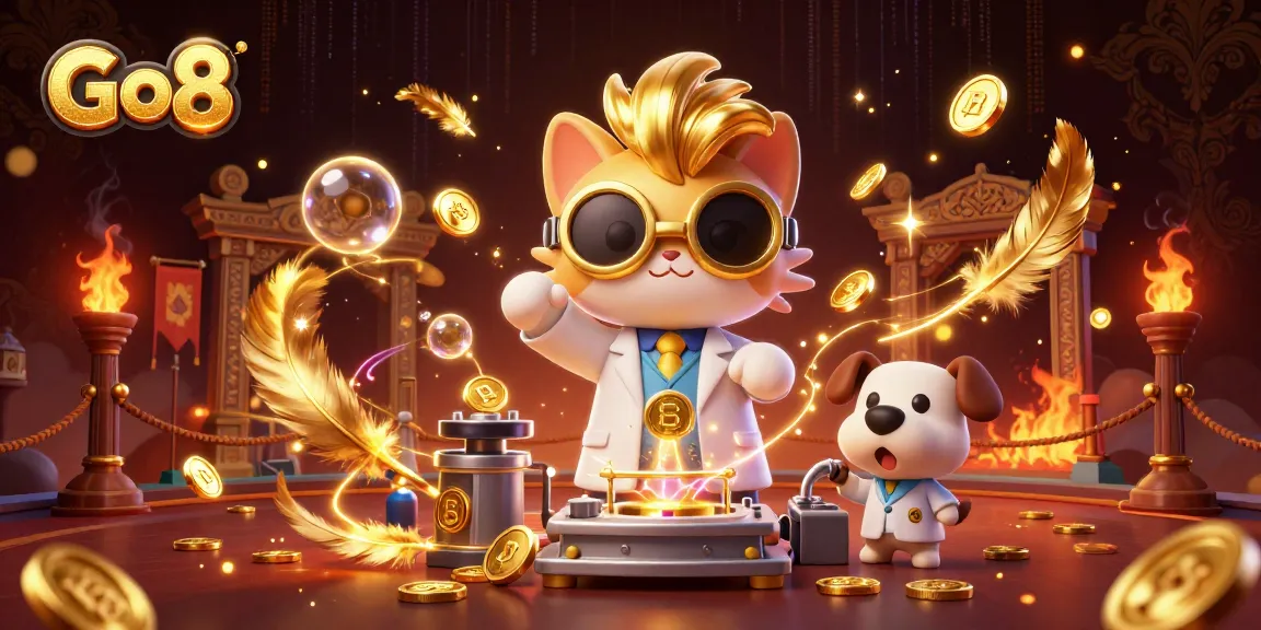 Go8 engages players in a vibrant 3D casino scene filled with gold coins and excitement.