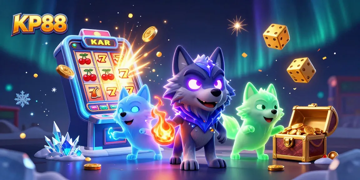 KP88 captivates players with a dynamic 3D illustration showcasing dazzling slot machines and spirited wolf characters.