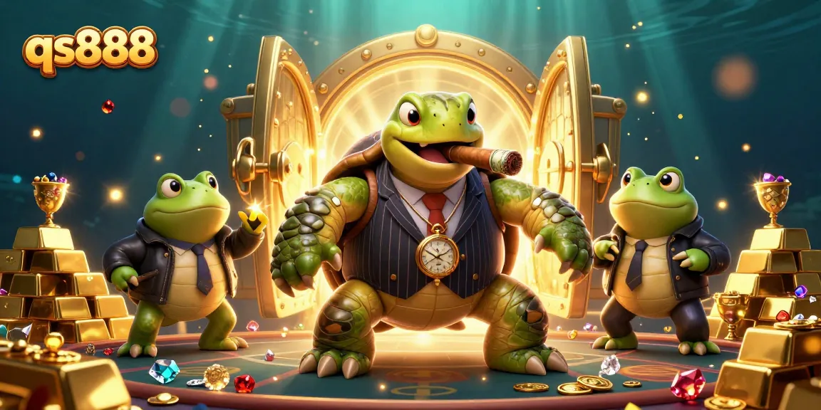 Win big with qs888 at the vibrant casino, featuring dynamic characters and sparkling treasures.