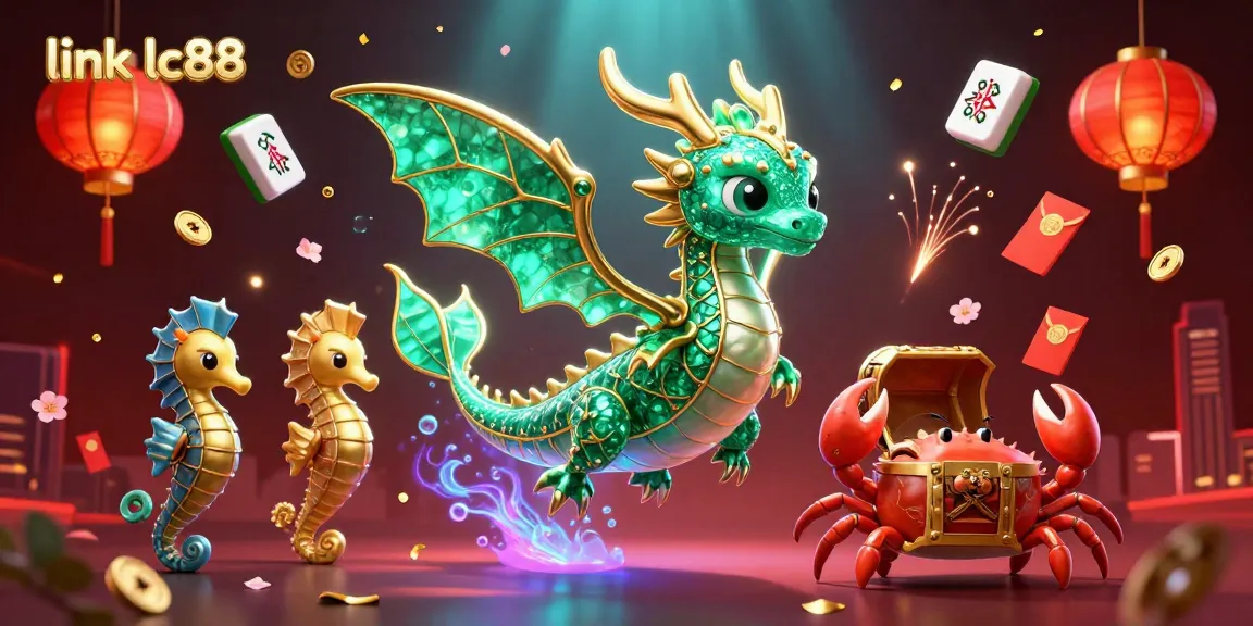 Engage with link lc88's thrilling 3D casino scene featuring gold and emerald characters, celebrating big wins.