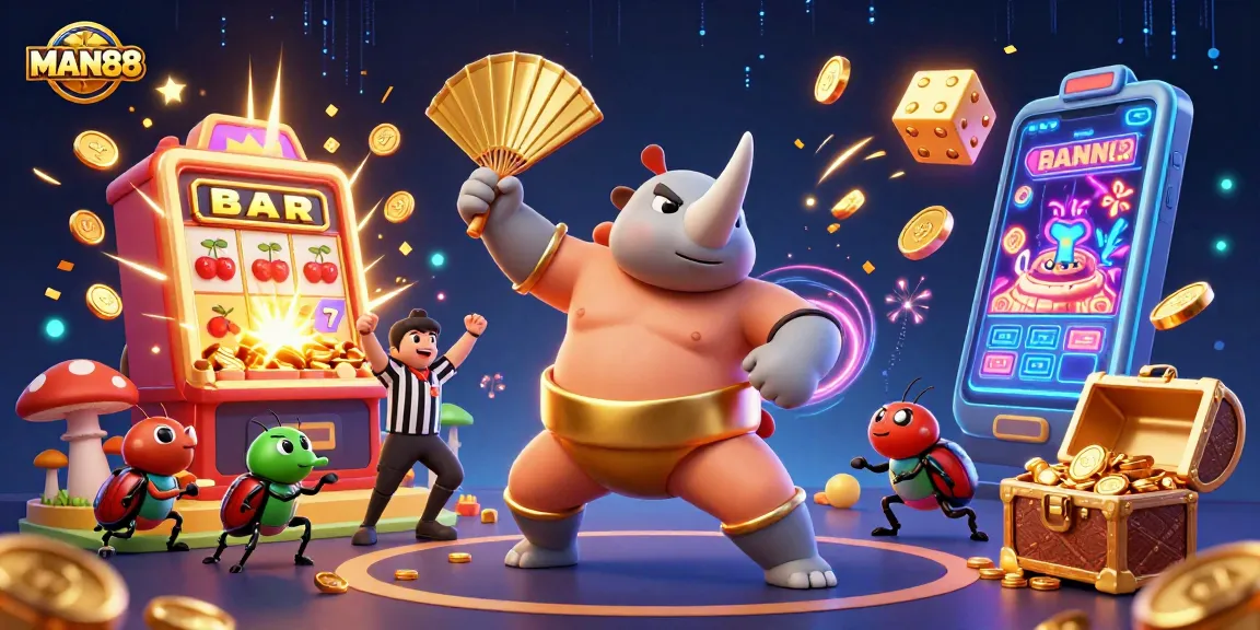 MAN88 slot champions celebrate a jackpot with golden coins flying in an animated casino scene
